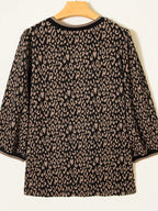 Leopard Print Puffy Bracelet Sleeve Contrast Trim Round Neck Top