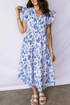 Ruffled Short Sleeve Tiered Floral Midi Dress