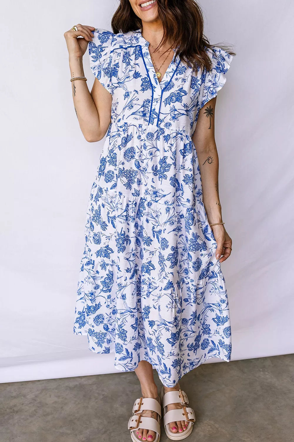 Ruffled Short Sleeve Tiered Floral Midi Dress