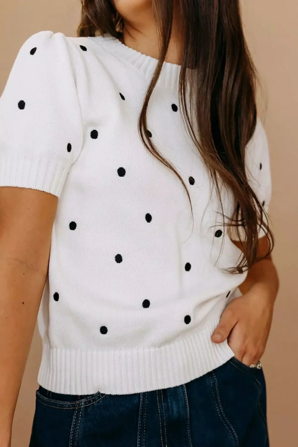 Elegant Polka Dot Bubble Short Sleeve Sweater