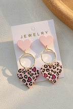 Pink Leopard Double Heart Golden Hoop Dangle Earrings