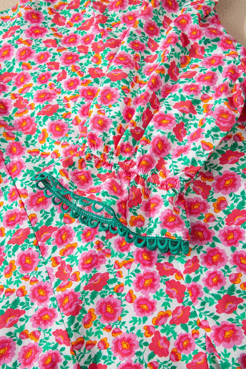 Floral Print V Neck Patchwork Short Bubble Sleeve Mini Dress