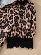 Leopard Print Button Down Lace Trim Short Sleeve Shirt