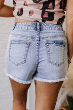 Pearl Studded Pockets Raw Hem Denim Shorts