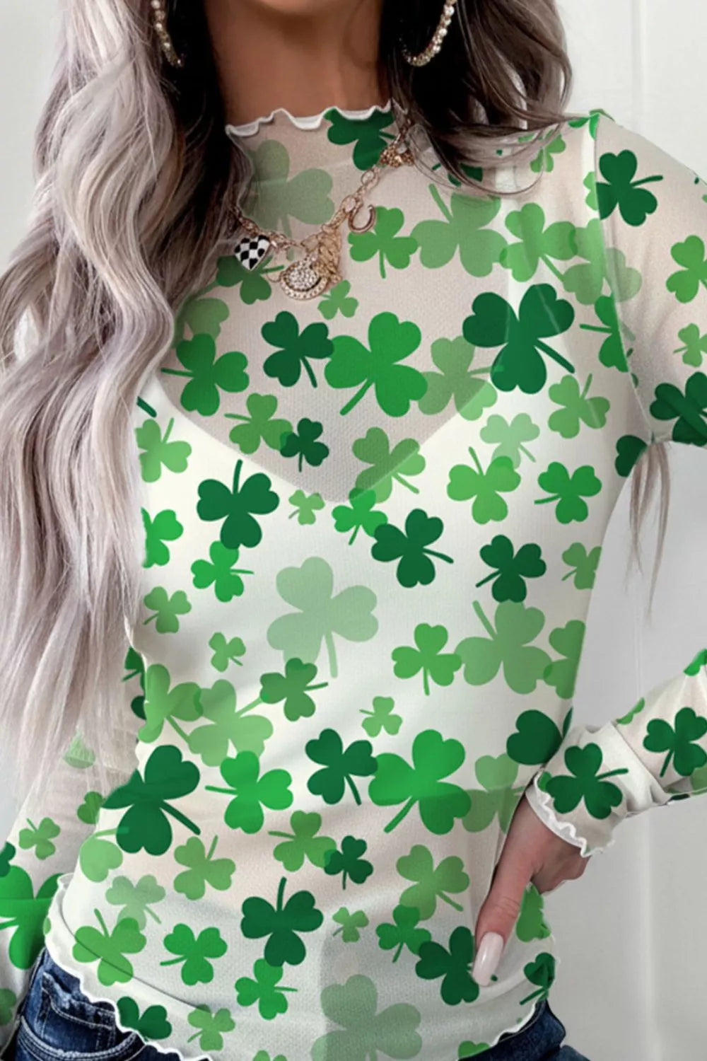 Lettuce Trim High Neck Mesh Long Sleeve Top