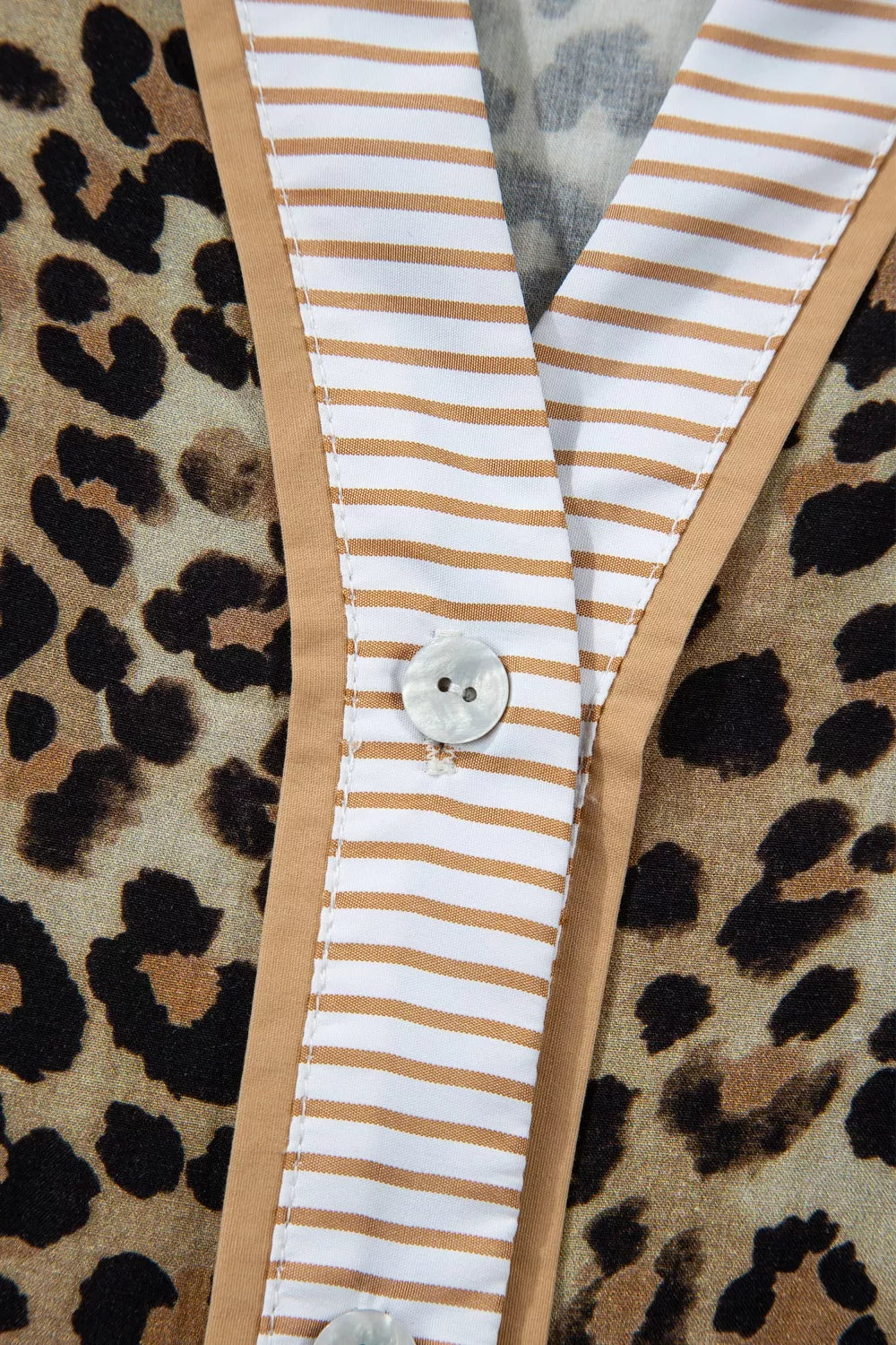 Contrast Striped Trim V Neck Leopard Shirt