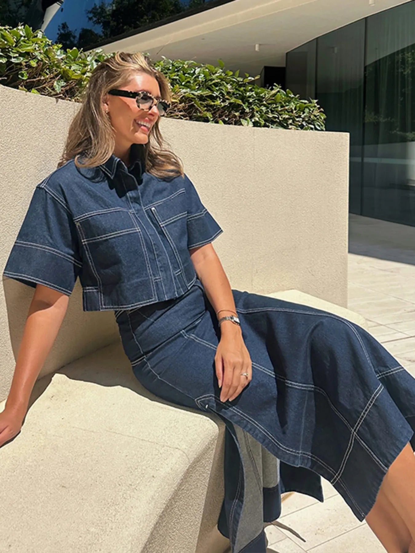 High-Waist Side Slit Contrast Stitch Denim Maxi Skirt