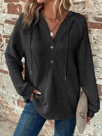 Full Size Button Detail Waffle Knit Hoodie Plus Size