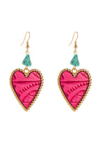 Rose Red Playful Heart Dangle Turquoise Detail Open Hook Earrings