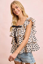 BiBi Polka Dot Ruffled Bow Tied Square Neck Sleeveless Top