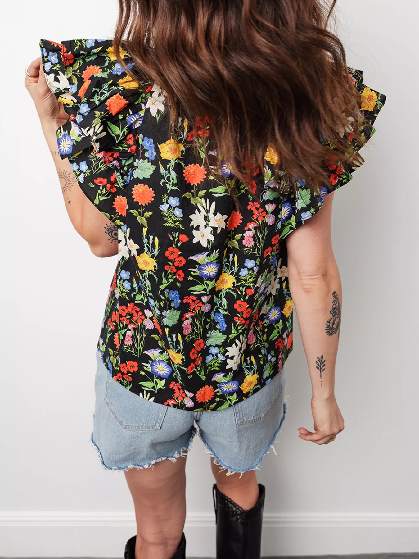 Tiered Flutter Sleeve V Neck Flower Blouse