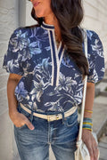 Floral Print Short Puff Sleeve Striped Trim V Neck Blouse
