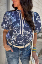 Floral Print Short Puff Sleeve Striped Trim V Neck Blouse