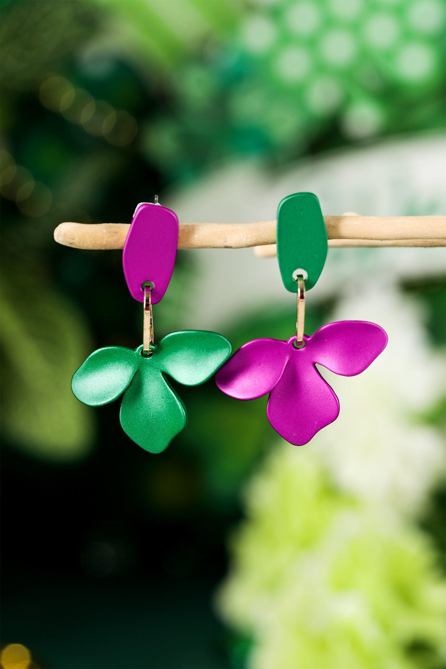 Green St Patrick Day Asymmetric Flower Studded Earrings