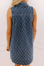 Rhombus Textured Collar Buttoned V Neck Denim Sleeveless Mini Dress