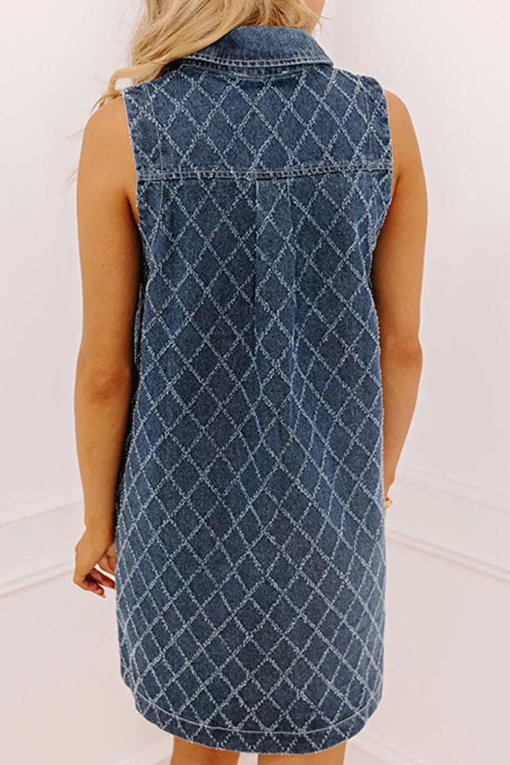 Rhombus Textured Collar Buttoned V Neck Denim Sleeveless Mini Dress