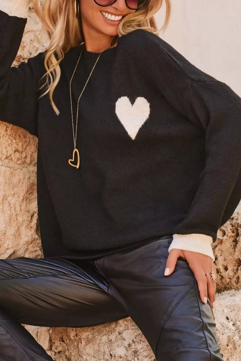Heart Round Neck Long Sleeve Sweater