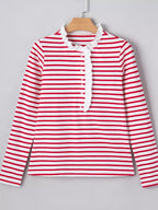 Stripe Contrast Frilled Trim Half Button Long Sleeve Top