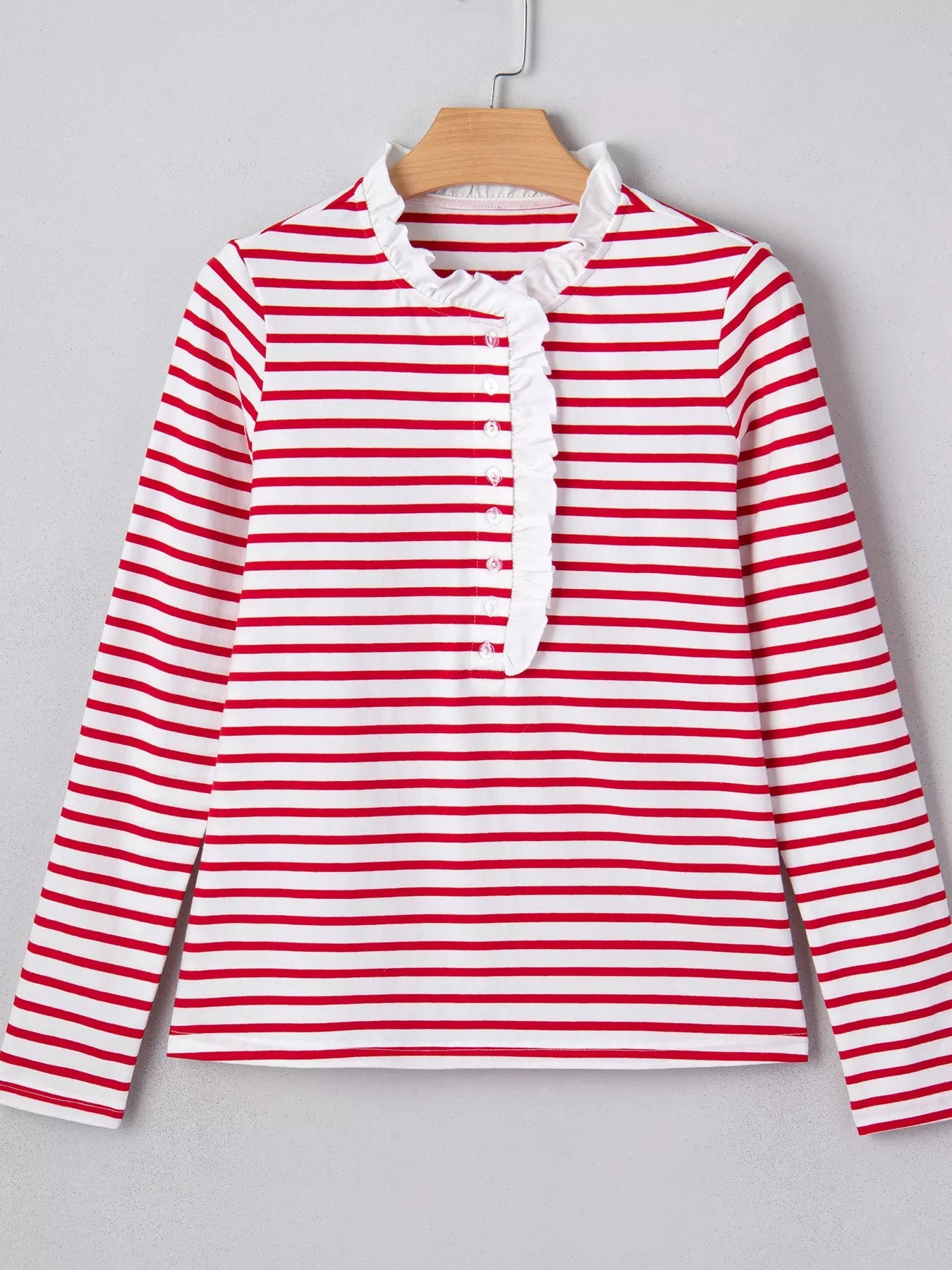 Stripe Contrast Frilled Trim Half Button Long Sleeve Top
