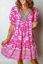Mixed Print Contrast Trim V Neck Short Sleeve Flared Dress