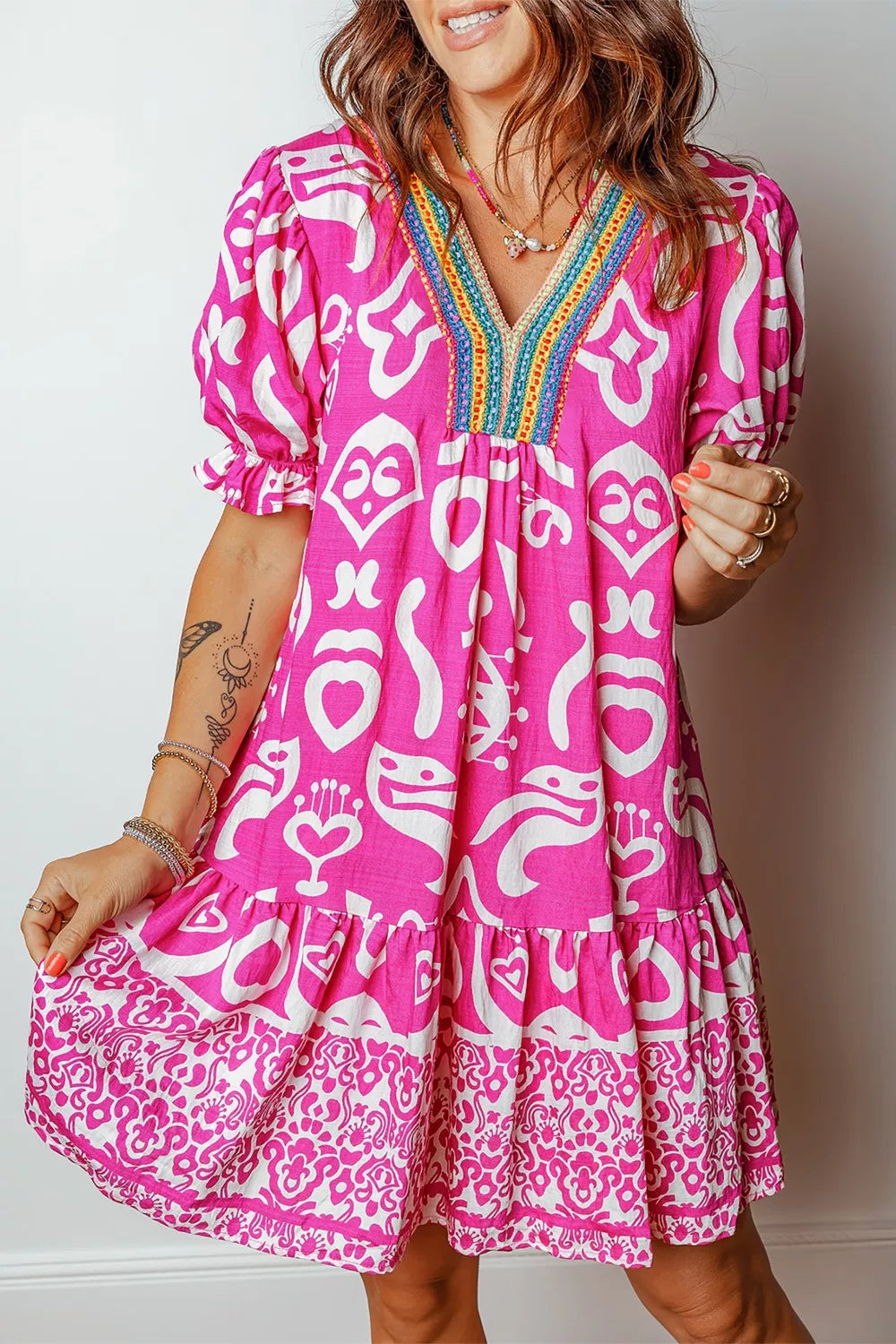 Mixed Print Contrast Trim V Neck Short Sleeve Flared Dress