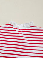 Stripe Contrast Frilled Trim Half Button Long Sleeve Top