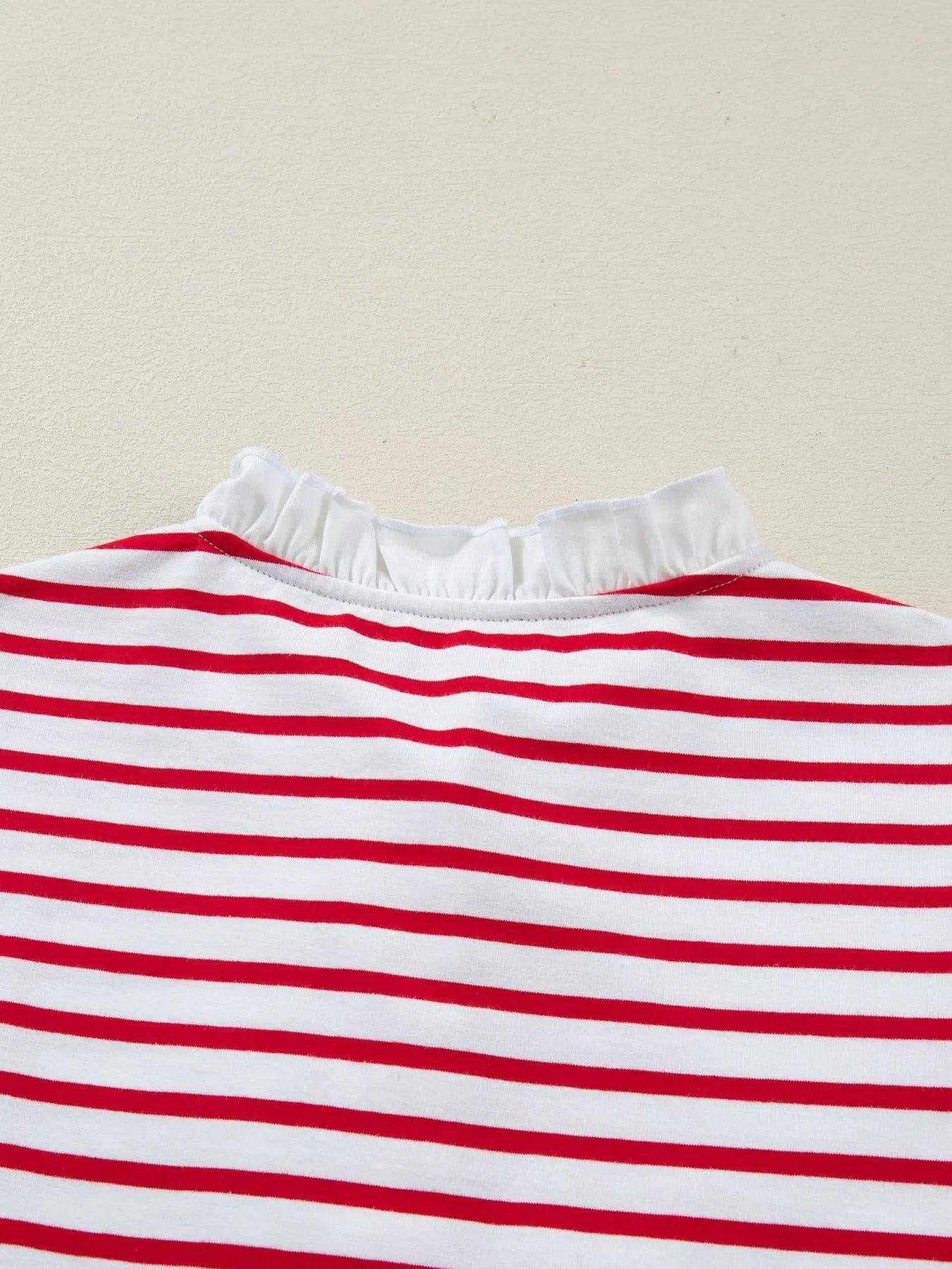 Stripe Contrast Frilled Trim Half Button Long Sleeve Top