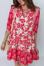 Collared V Neck Half Sleeve Loose Flower Mini Dress