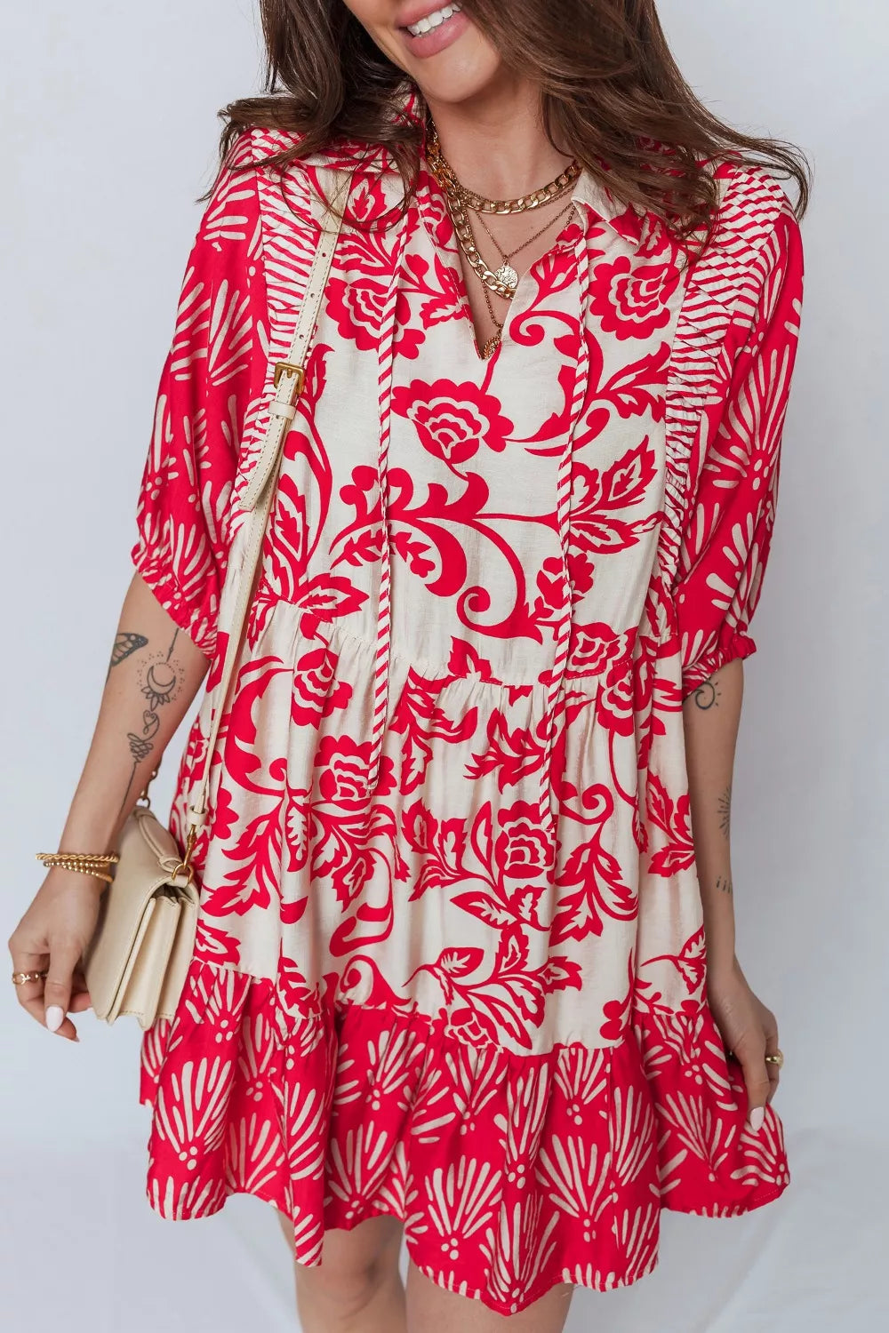 Collared V Neck Half Sleeve Loose Flower Mini Dress