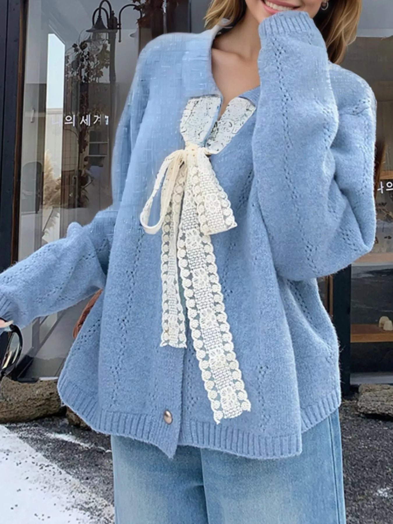 Lace Tie Button Up Cardigan