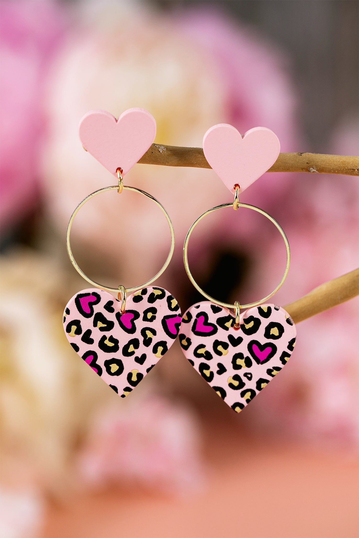 Pink Leopard Double Heart Golden Hoop Dangle Earrings