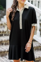 Stripe Detail Polo Collar Half Buttons Tied Short Sleeve Shift Mini Dress