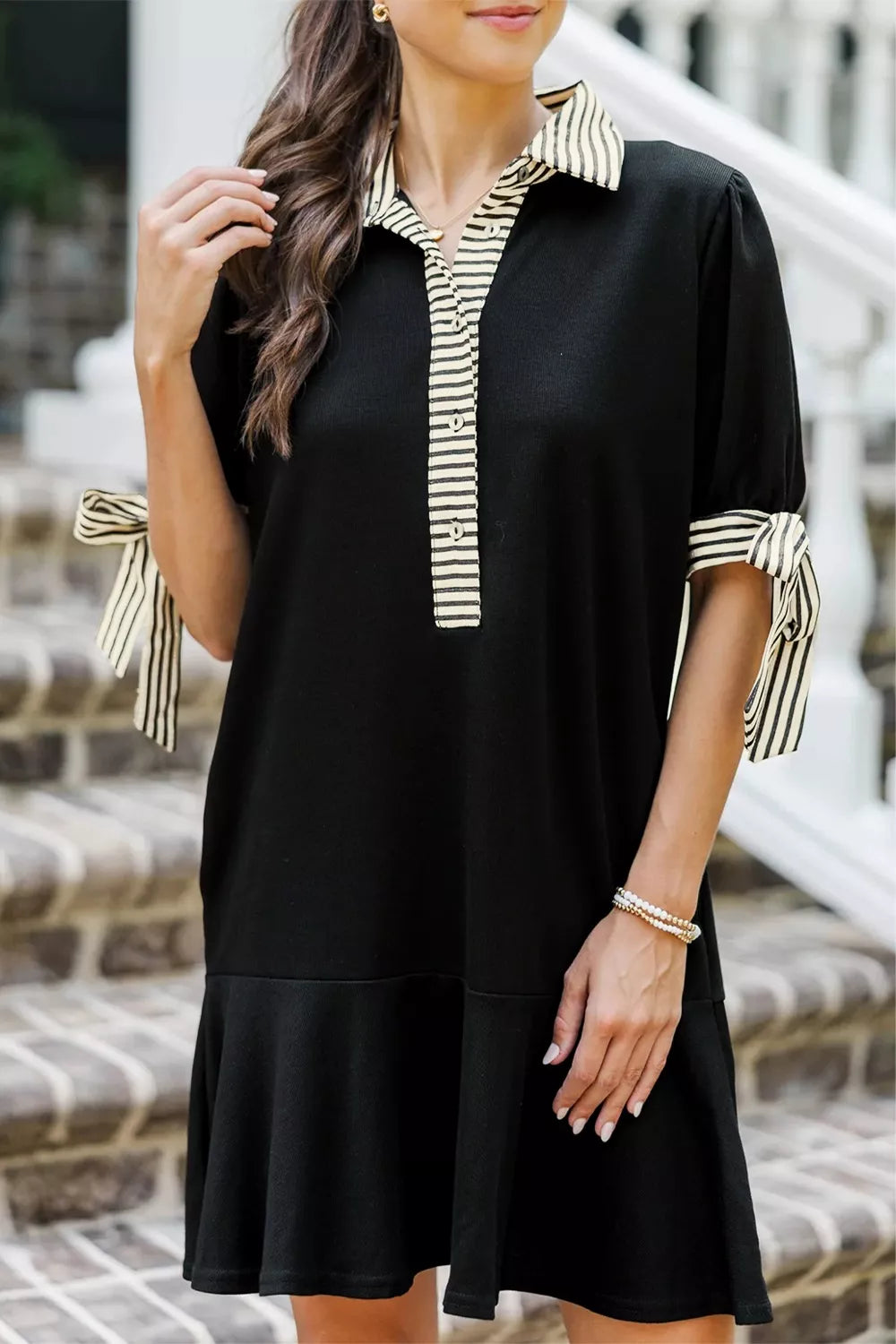Stripe Detail Polo Collar Half Buttons Tied Short Sleeve Shift Mini Dress