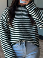 Button Detail Dropped Shoulder Striped Sweater