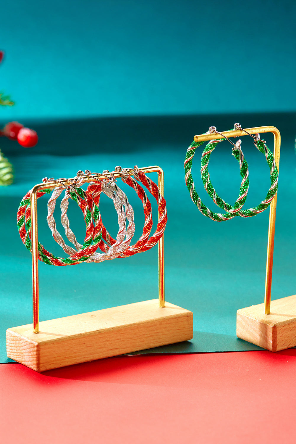Fiery Red Christmas Structured Glitter Hoop Earrings