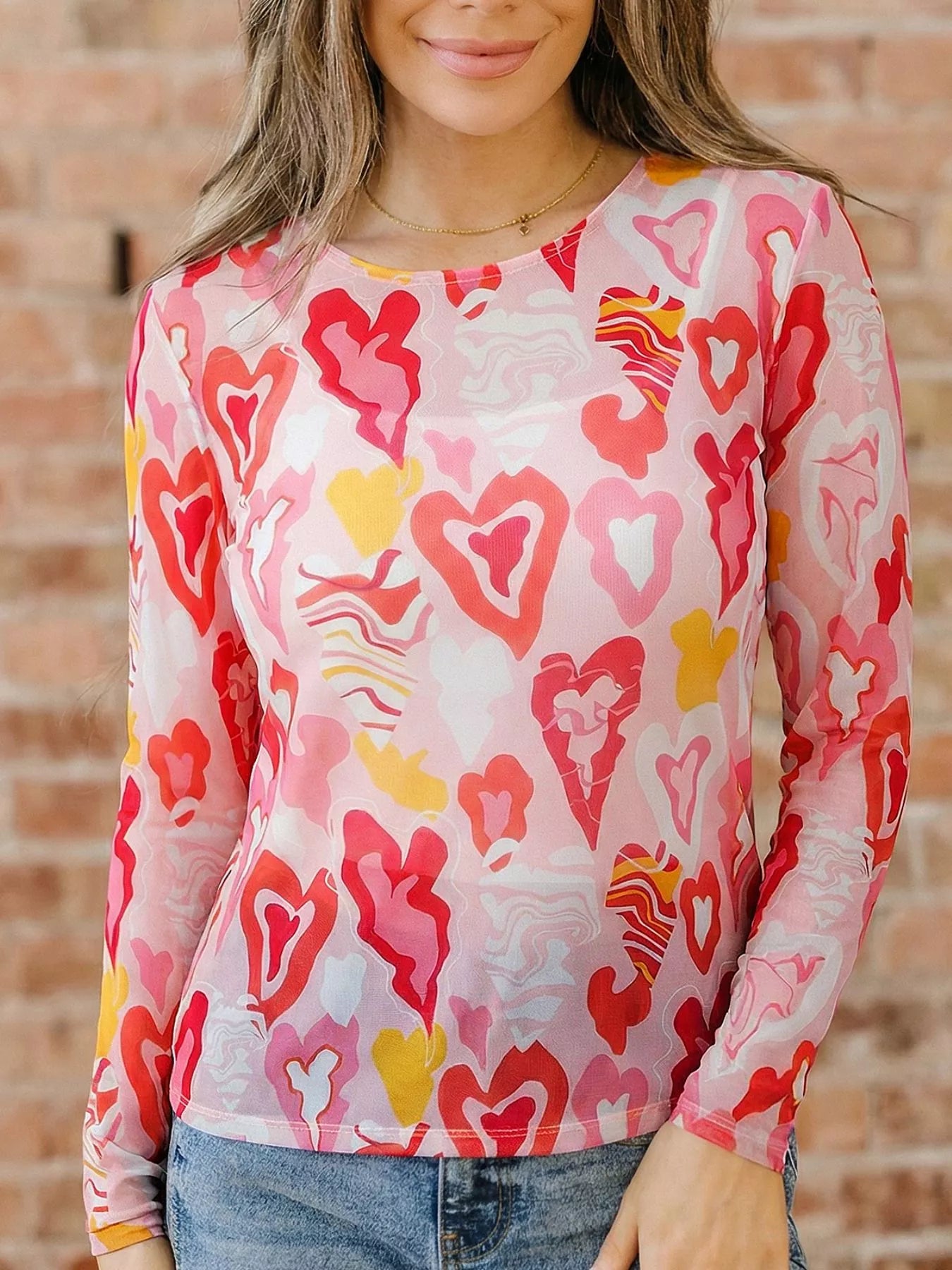 Valentine Heart Mesh Long Sleeve Top