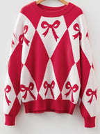 Bow Print 2-Tone Rhombus Knit Loose Sweater