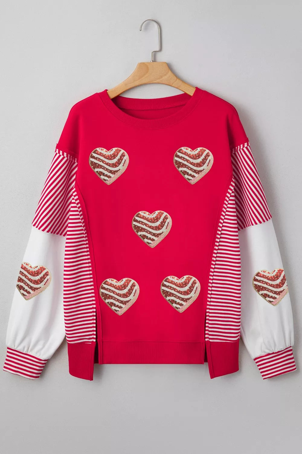 Color Block Striped Patchwork Valentines Day Sequin Heart Graphic Sweatshirt