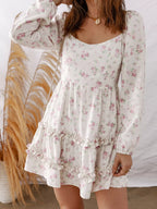Floral Print Long Sleeve Ruffle Detail Flared Mini Dress