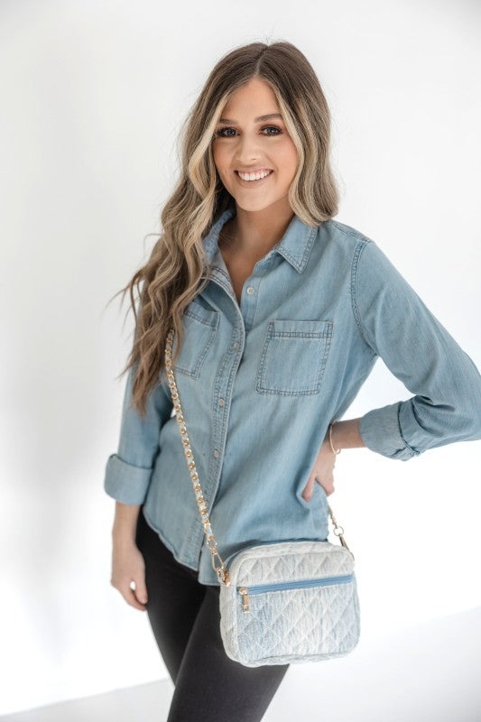 SueEllen Quilted Small Crossbody Bag with Gold Cha