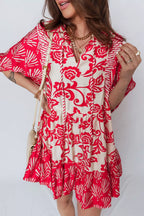 Collared V Neck Half Sleeve Loose Flower Mini Dress