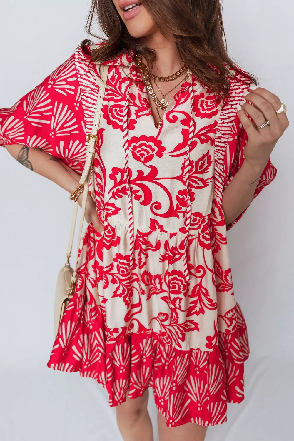 Collared V Neck Half Sleeve Loose Flower Mini Dress