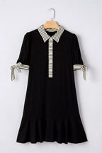 Stripe Detail Polo Collar Half Buttons Tied Short Sleeve Shift Mini Dress