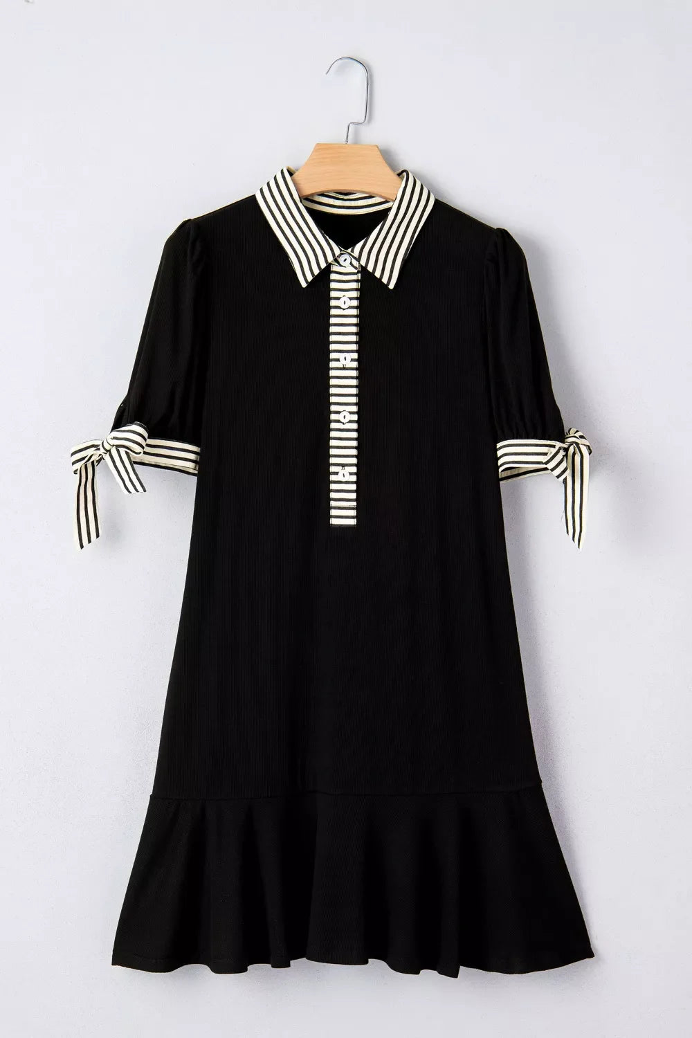 Stripe Detail Polo Collar Half Buttons Tied Short Sleeve Shift Mini Dress