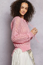 POL Openwork Round Neck High Low Knit Top