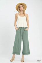 Umgee Linen Wide Leg Cropped Pants with Lace Trim