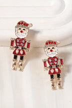 Fiery Red Pearl Rhinestone Embellished Christmas Enamel Nutcracker Earrings