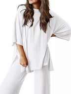 Relaxed Fit Round Neck Top and Pants Two-Piece Set