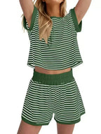 Full Size Striped Round Neck Top and Shorts Set Plus Size