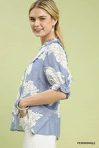 Umgee Peony Illustration Print Top with Scalloped Trim